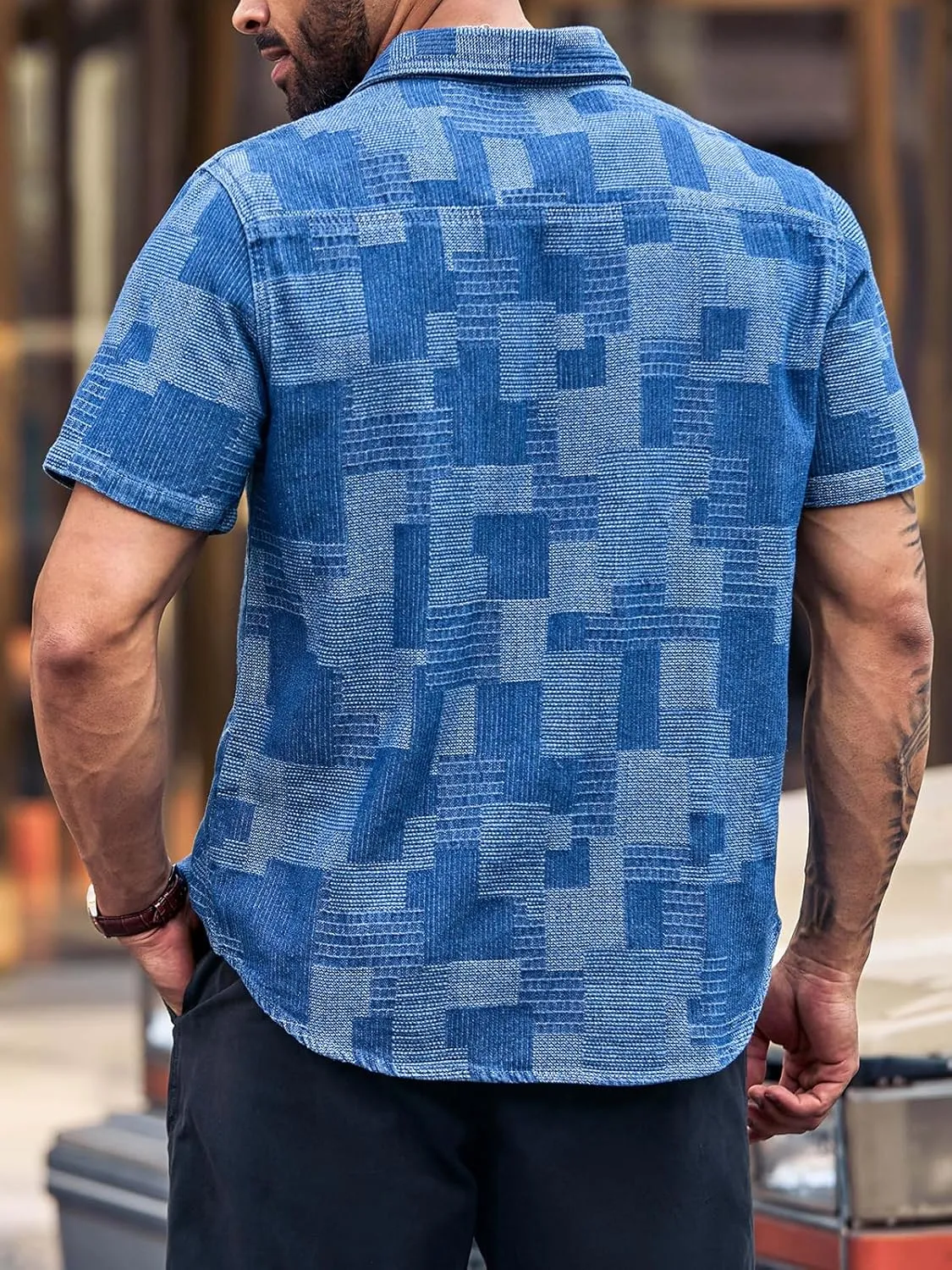 Runcati Mens Denim Shirts Short Sleeve Patchwork Button Down Casual Hippie Summer Jean Shirt