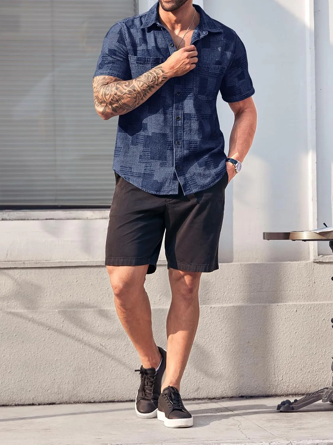 Runcati Mens Denim Shirts Short Sleeve Patchwork Button Down Casual Hippie Summer Jean Shirt