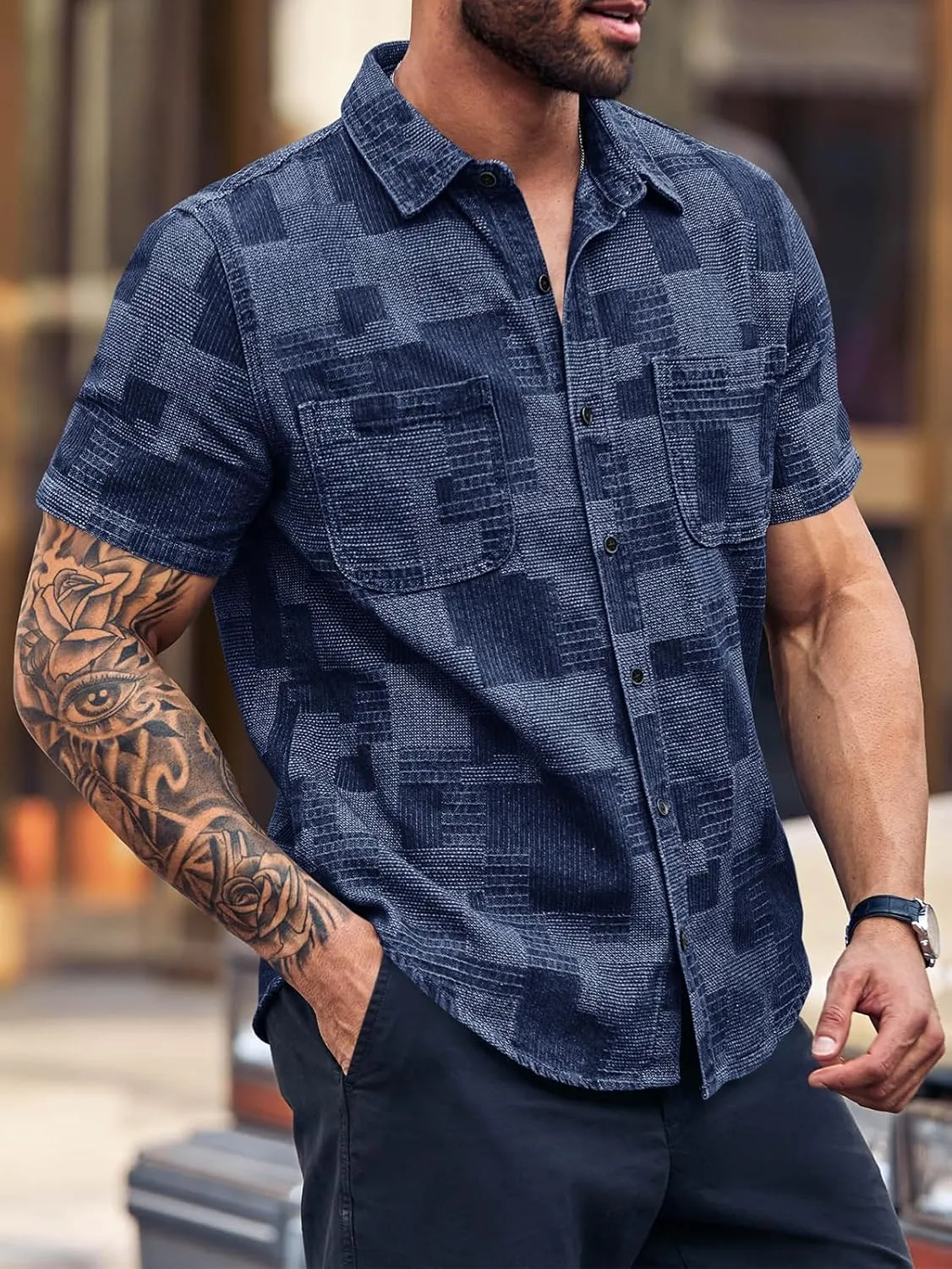Runcati Mens Denim Shirts Short Sleeve Patchwork Button Down Casual Hippie Summer Jean Shirt
