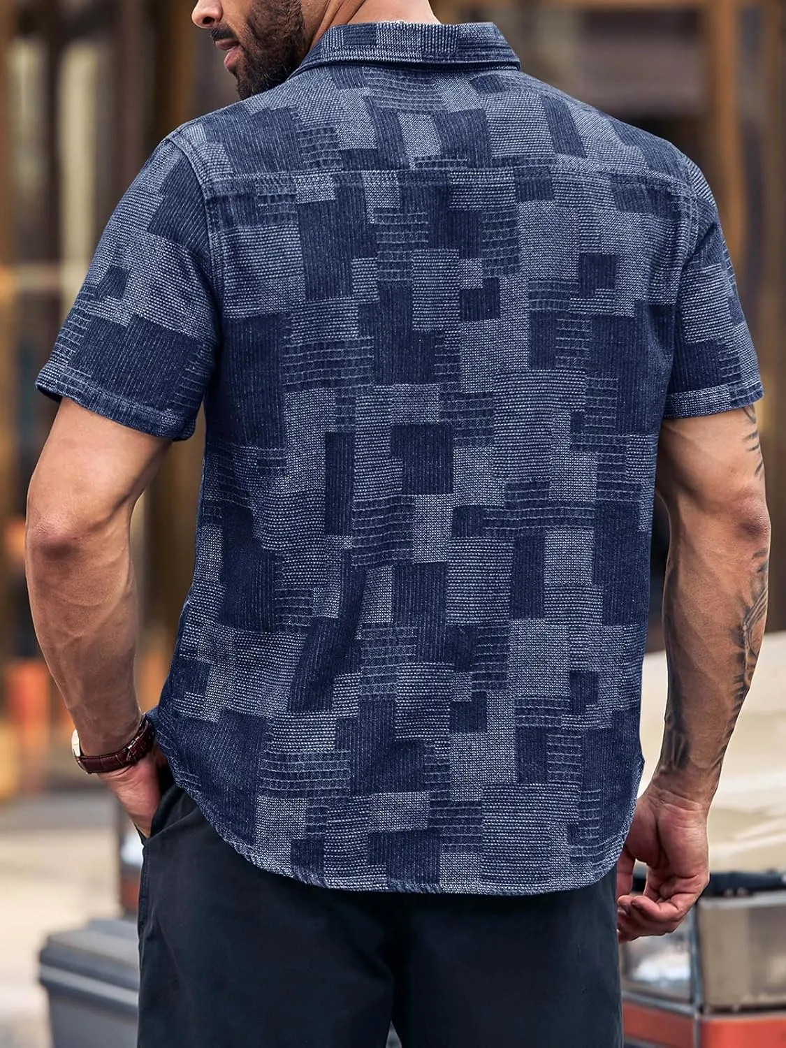 Runcati Mens Denim Shirts Short Sleeve Patchwork Button Down Casual Hippie Summer Jean Shirt