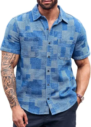 Runcati Mens Denim Shirts Short Sleeve Patchwork Button Down Casual Hippie Summer Jean Shirt