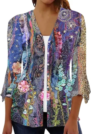 SERYU Women's Summer Floral Print 3/4 Sleeve Kimono Cardigan Shirts Loose Cover Up Casual Button Blouse Tops