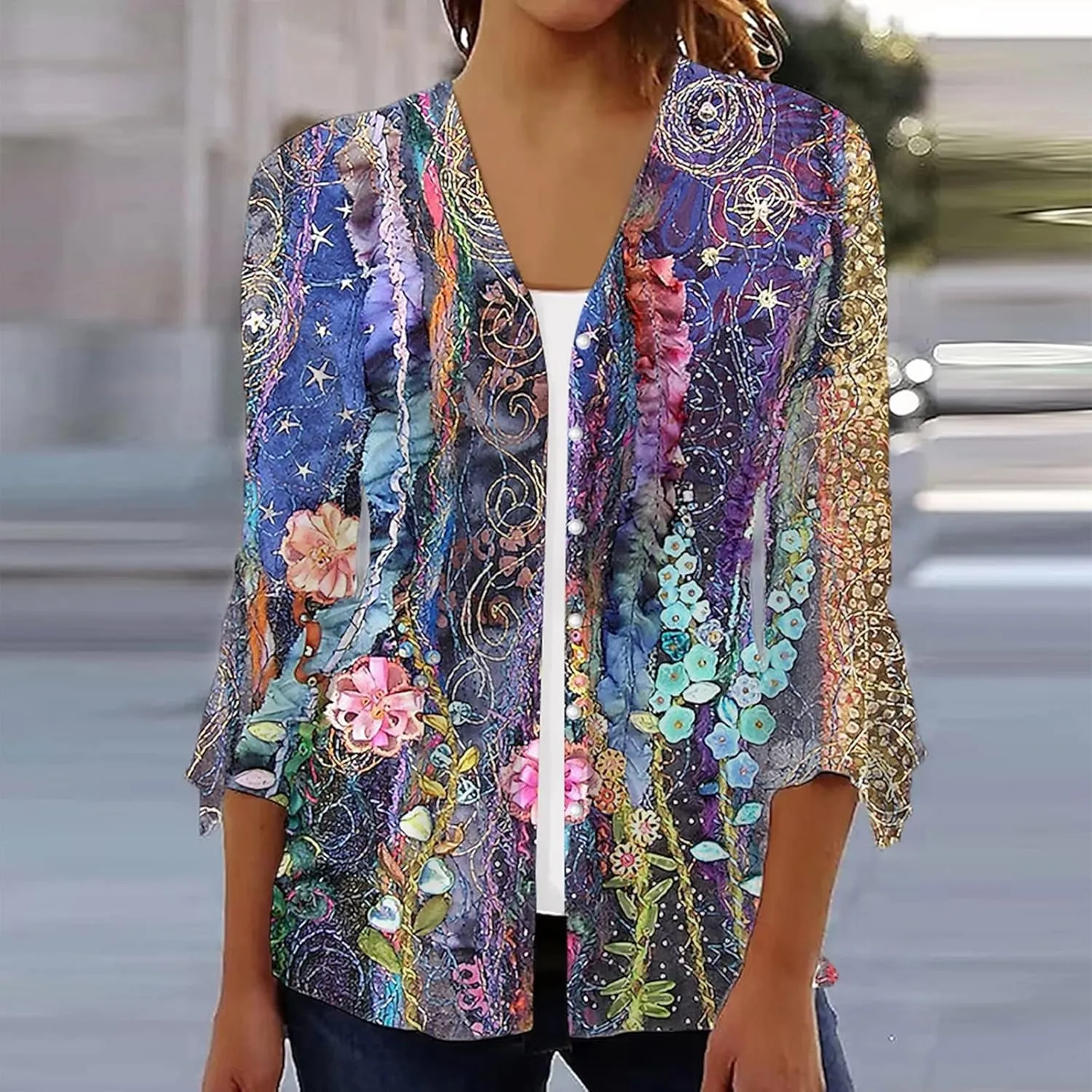 SERYU Women's Summer Floral Print 3/4 Sleeve Kimono Cardigan Shirts Loose Cover Up Casual Button Blouse Tops