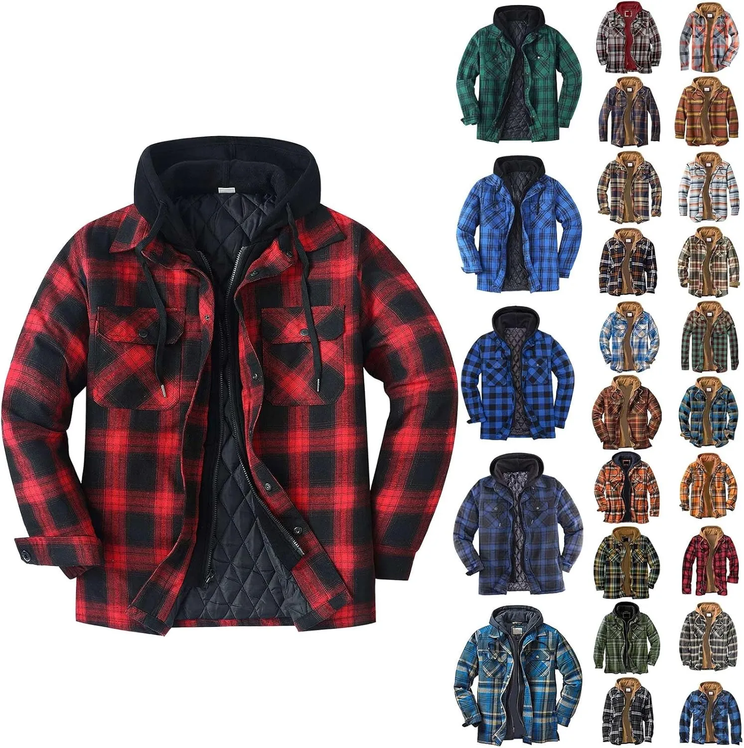 SHAOBGE Mens Fleece Lined Flannel Plaid Shirts Jacket Button Down Sherpa Jackets with Hood Long Sleeve Winter Hooded Coats