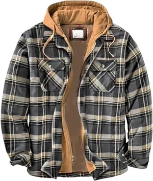 SHAOBGE Mens Fleece Lined Flannel Plaid Shirts Jacket Button Down Sherpa Jackets with Hood Long Sleeve Winter Hooded Coats