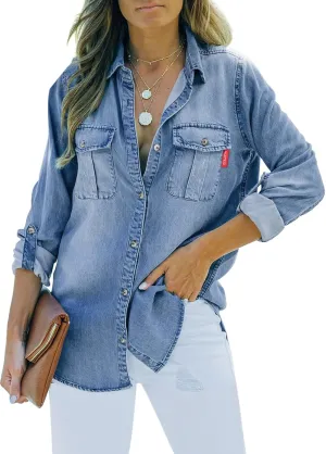 Sidefeel Women's Denim Tops Long Sleeve Shacket Jackets Button Down Collared Jean Shirt