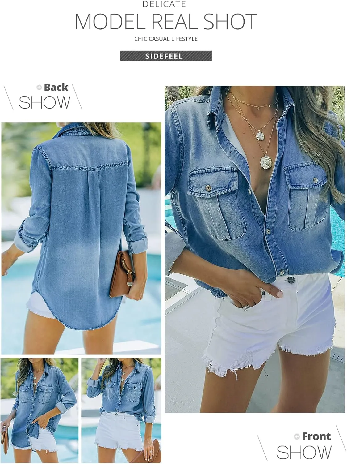 Sidefeel Women's Denim Tops Long Sleeve Shacket Jackets Button Down Collared Jean Shirt