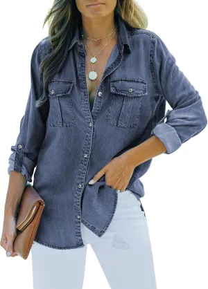 Sidefeel Women's Denim Tops Long Sleeve Shacket Jackets Button Down Collared Jean Shirt