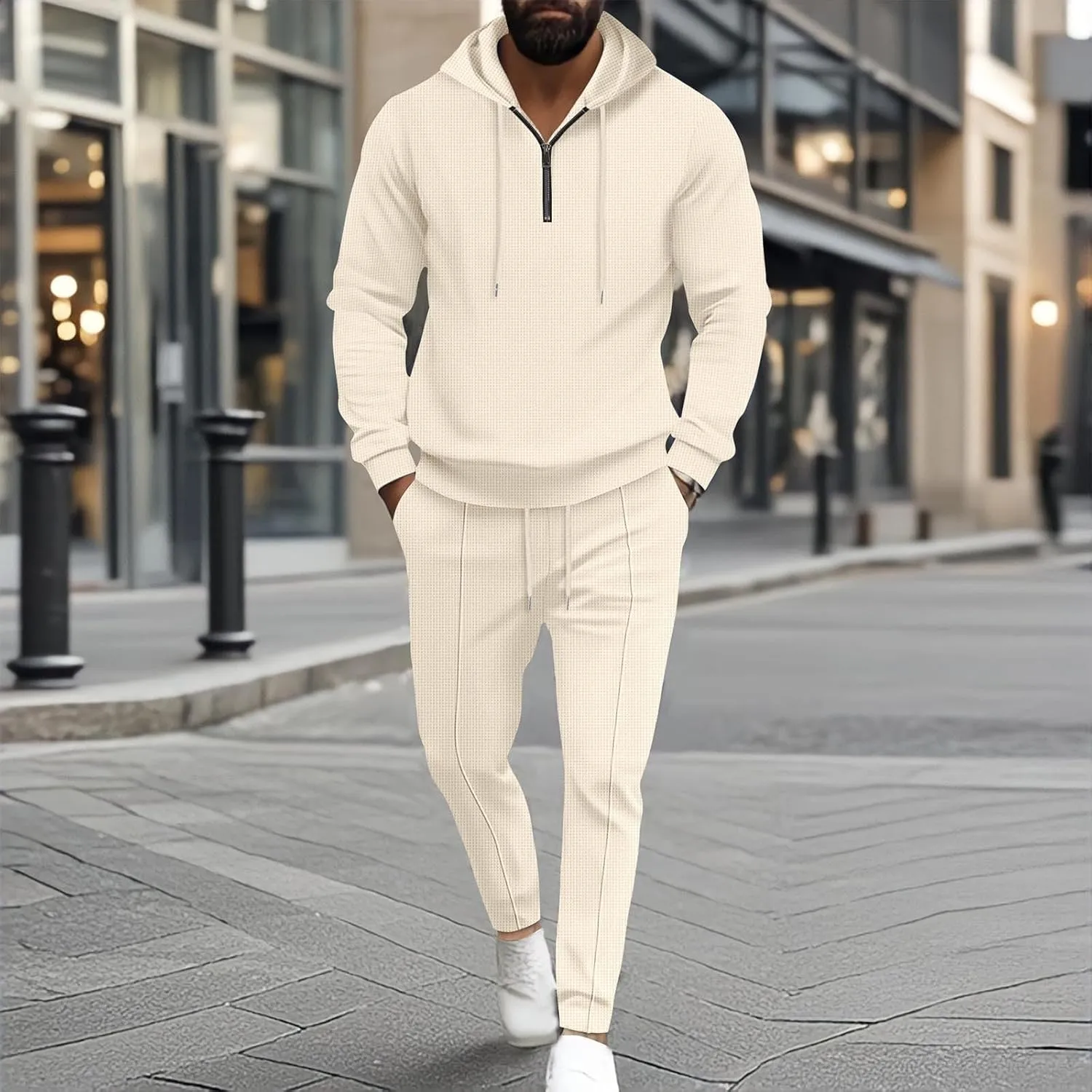 Sinzelimin Mens Tracksuit Set Fashion Long Sleeves Hooded Sweatshirt and Jogger Sweatpant 2PC Suit Hoodies Tops Sportwear