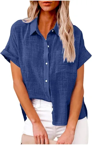 SMIDOW Womens Button Down Cotton Linen Shirts V Neck Roll Up Short Sleeve Blouses Loose Collared Shirt Casual Work Tops