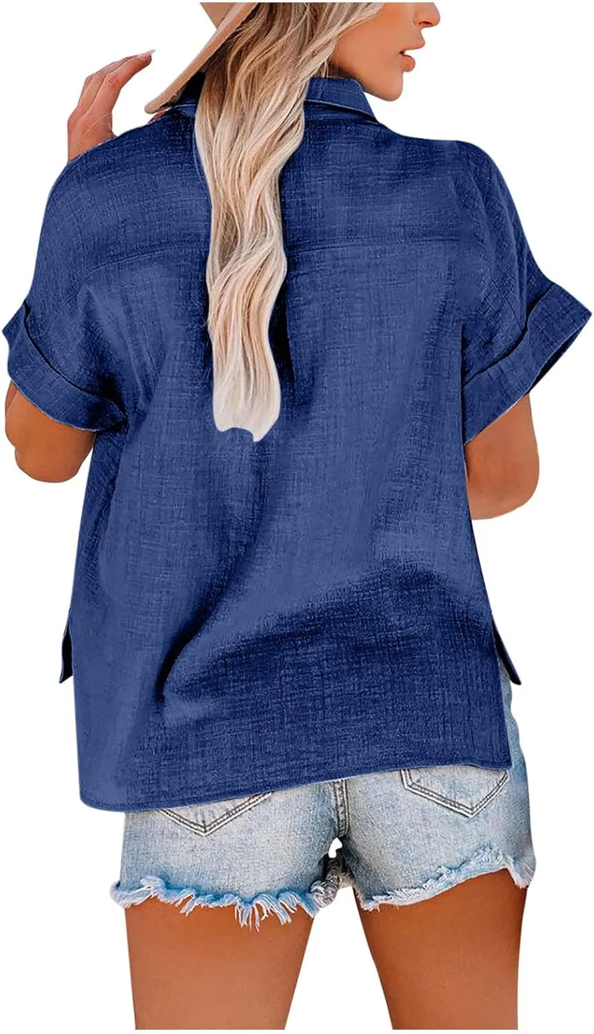 SMIDOW Womens Button Down Cotton Linen Shirts V Neck Roll Up Short Sleeve Blouses Loose Collared Shirt Casual Work Tops