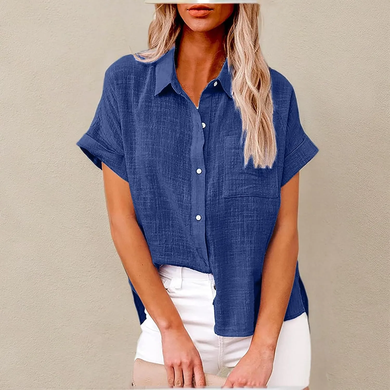 SMIDOW Womens Button Down Cotton Linen Shirts V Neck Roll Up Short Sleeve Blouses Loose Collared Shirt Casual Work Tops