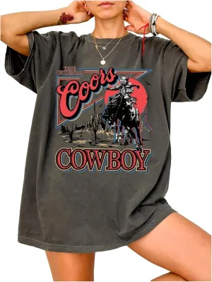 SOLY HUX Women's Vintage Graphic Tees Half Sleeve Cowboy Print Oversized T Shirt Streetwear Summer Tops