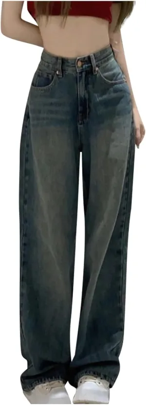 Straight Leg Jeans for Women High Waisted Frayed Baggy Pants Raw Hem Loose Floor Length Wide Leg Boyfriends Jeans
