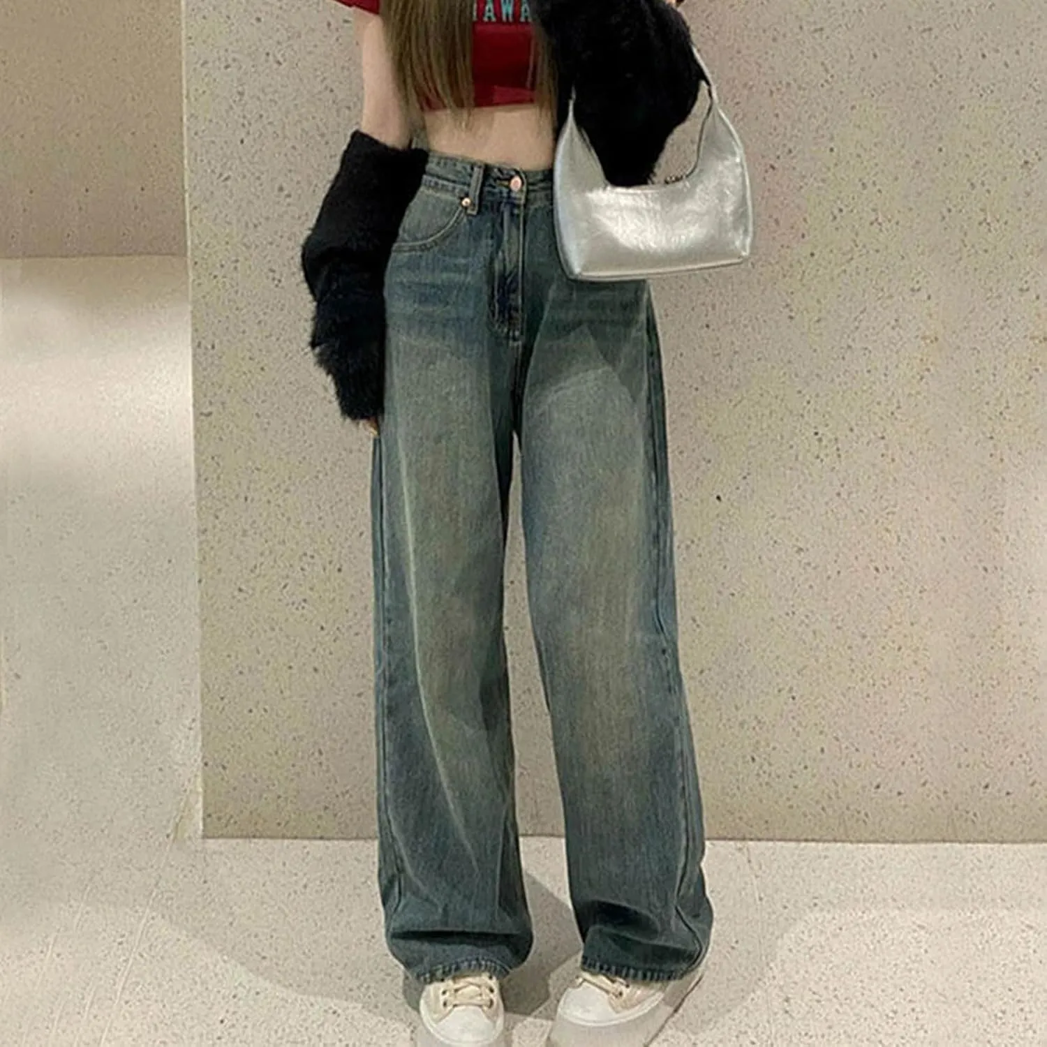 Straight Leg Jeans for Women High Waisted Frayed Baggy Pants Raw Hem Loose Floor Length Wide Leg Boyfriends Jeans