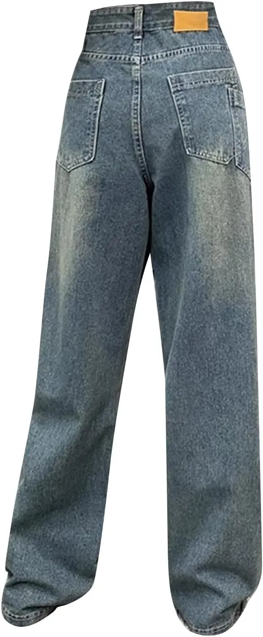Straight Leg Jeans for Women High Waisted Frayed Baggy Pants Raw Hem Loose Floor Length Wide Leg Boyfriends Jeans