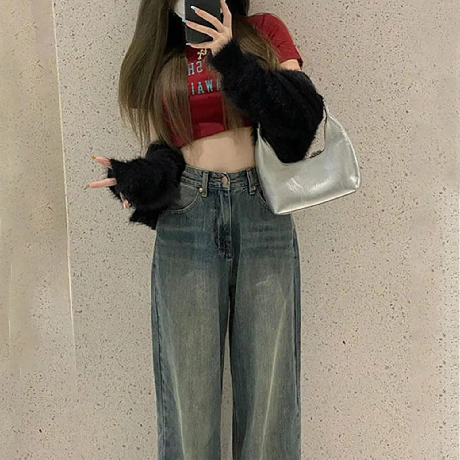 Straight Leg Jeans for Women High Waisted Frayed Baggy Pants Raw Hem Loose Floor Length Wide Leg Boyfriends Jeans