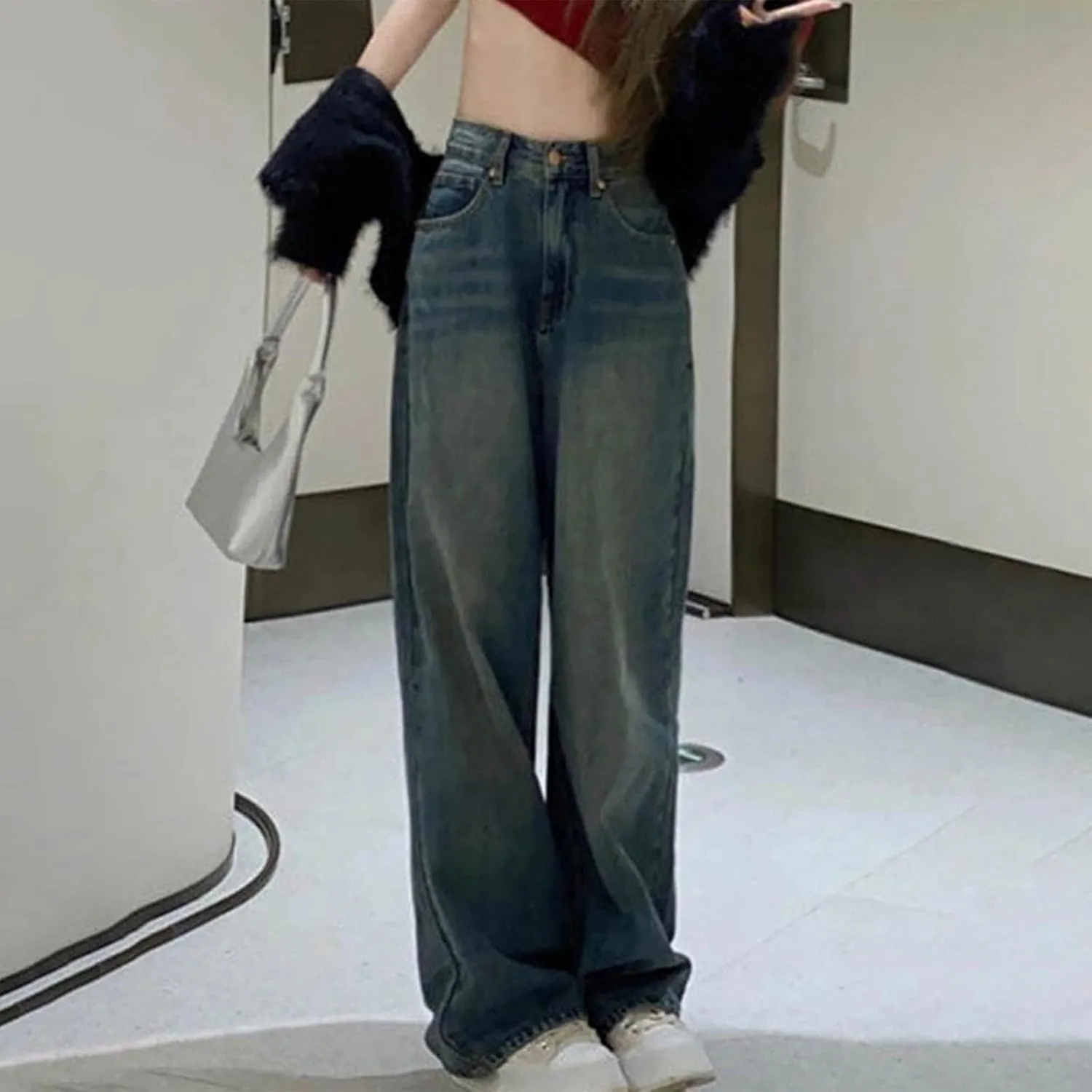 Straight Leg Jeans for Women High Waisted Frayed Baggy Pants Raw Hem Loose Floor Length Wide Leg Boyfriends Jeans