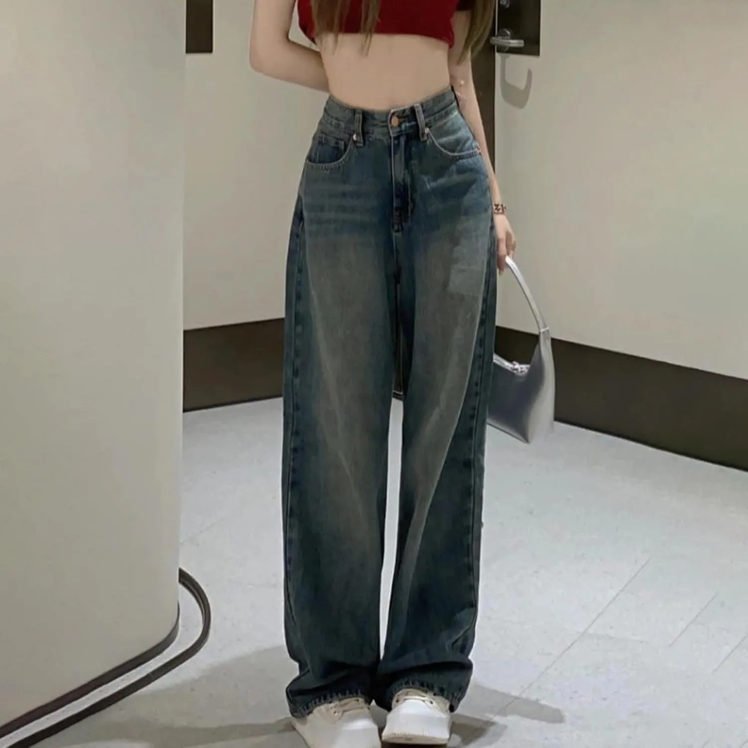 Straight Leg Jeans for Women High Waisted Frayed Baggy Pants Raw Hem Loose Floor Length Wide Leg Boyfriends Jeans