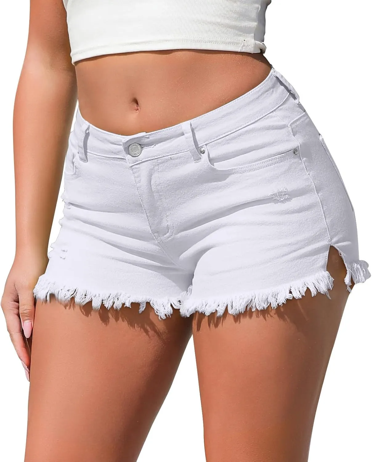 Stretchy Denim Shorts Women High Waisted Frayed Raw Hemline Ripped Jean Shorts Side Slit Tummy Control Mini Short Pants
