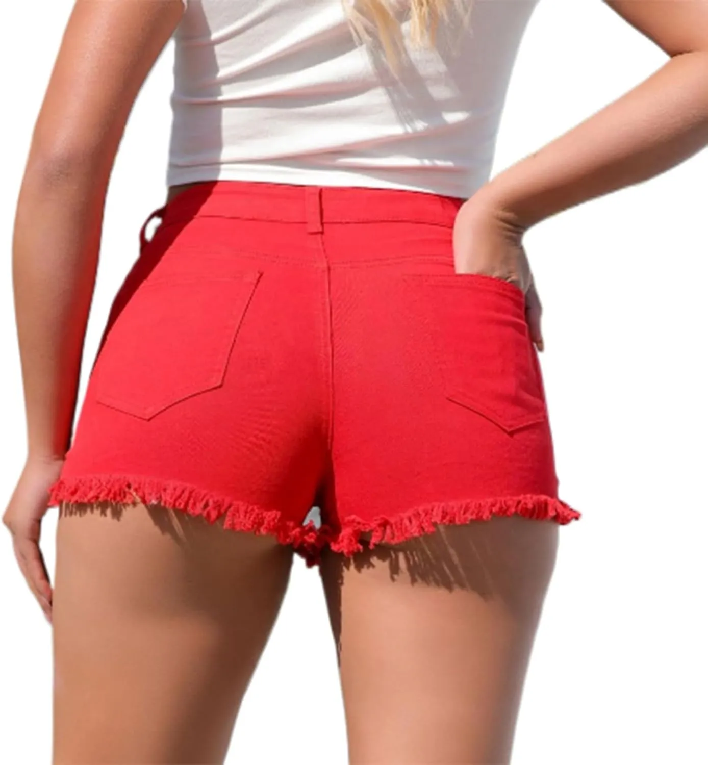 Stretchy Denim Shorts Women High Waisted Frayed Raw Hemline Ripped Jean Shorts Side Slit Tummy Control Mini Short Pants