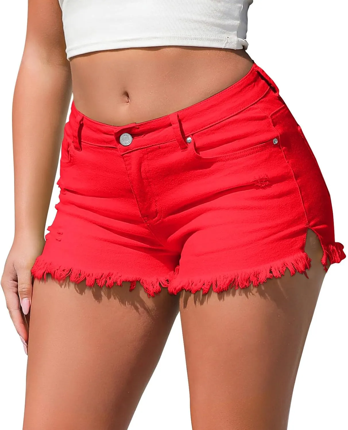 Stretchy Denim Shorts Women High Waisted Frayed Raw Hemline Ripped Jean Shorts Side Slit Tummy Control Mini Short Pants
