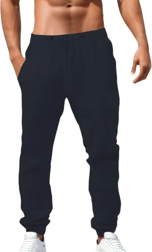 Summer Casual Linen Pants for Men Long Length Straight Leg Beach Plain Pant Trendy Outdoor Travel Trousers Pajamas