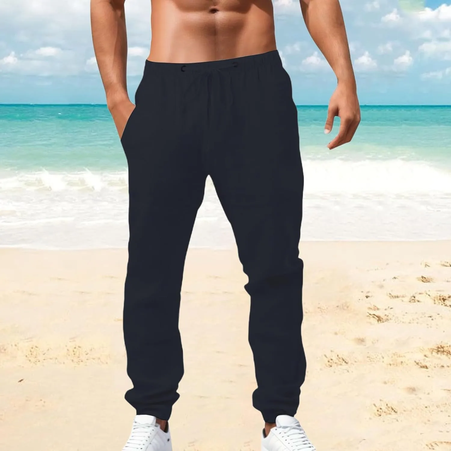 Summer Casual Linen Pants for Men Long Length Straight Leg Beach Plain Pant Trendy Outdoor Travel Trousers Pajamas