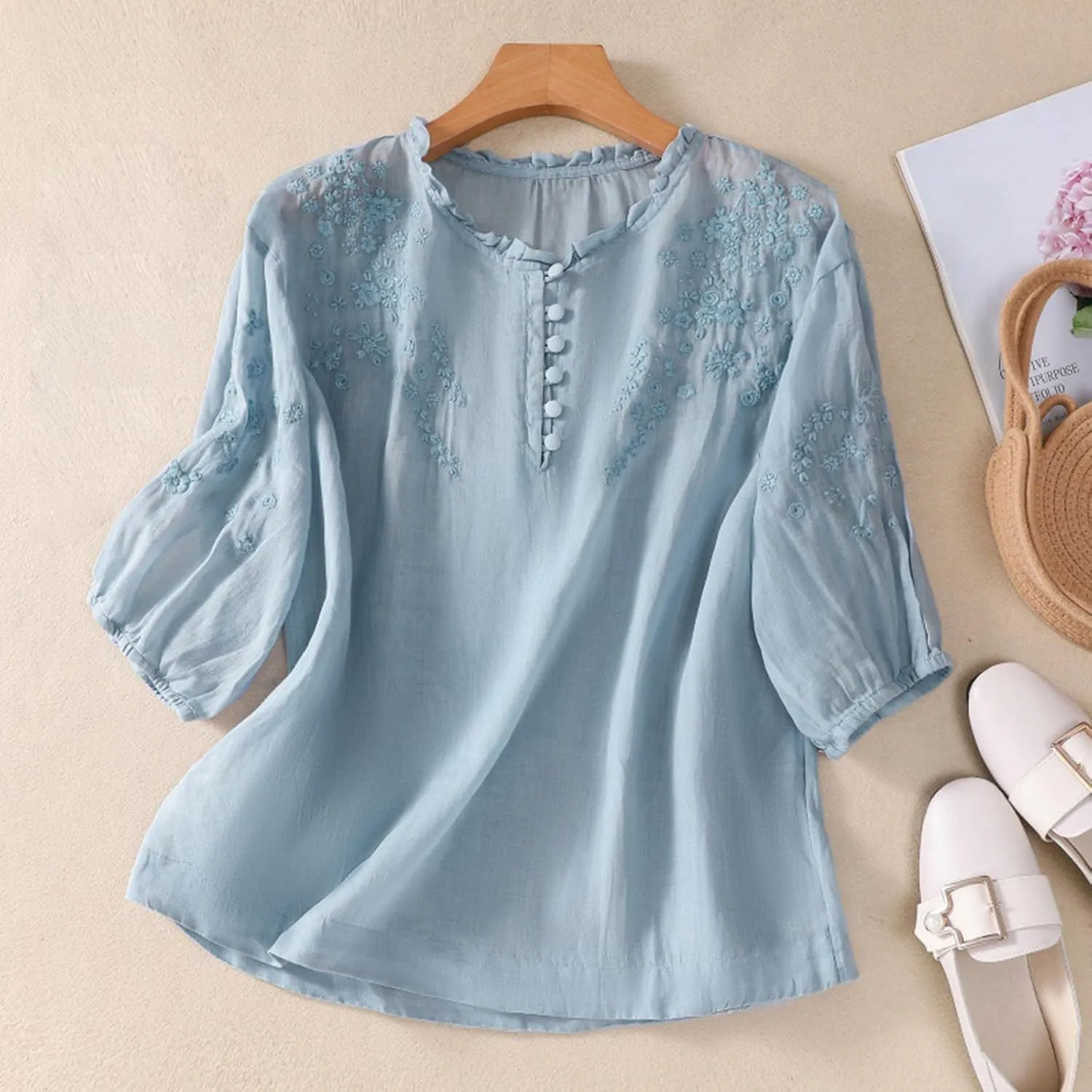 Summer Cotton Linen Tops for Women 2025 Trendy 3/4 Sleeve Boho Embroidered T Shirts Dressy Casual Vacation Blouses
