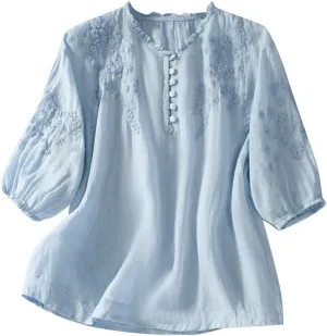 Summer Cotton Linen Tops for Women 2025 Trendy 3/4 Sleeve Boho Embroidered T Shirts Dressy Casual Vacation Blouses