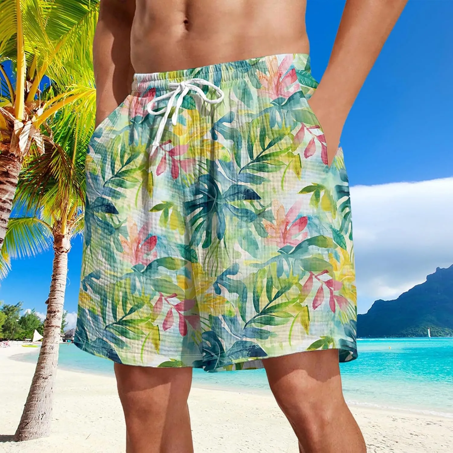 Summer Shorts for Mens Travel Holiday Hawaii Beach Retro Pants Fashion Print Elastic Wasit Loose Fit Pants Plus Size