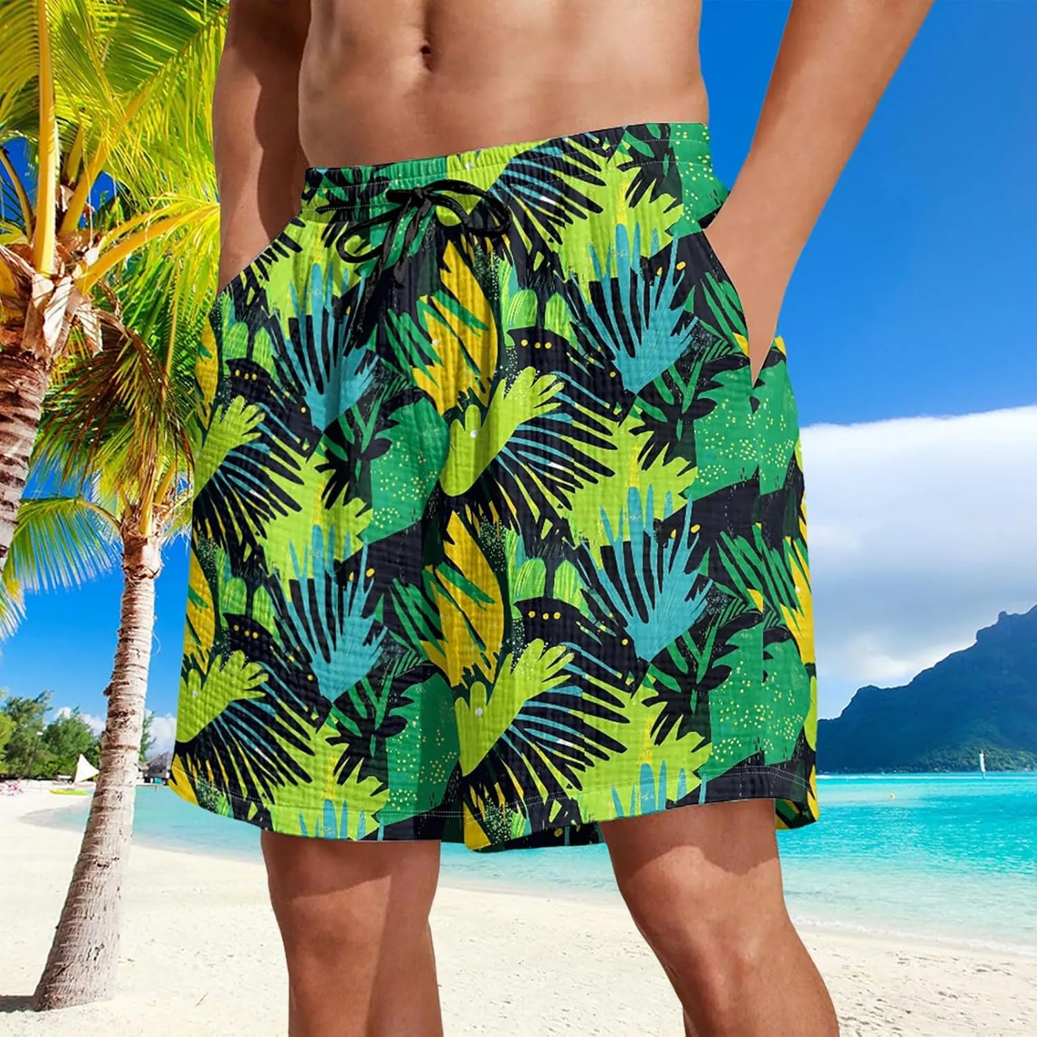 Summer Shorts for Mens Travel Holiday Hawaii Beach Retro Pants Fashion Print Elastic Wasit Loose Fit Pants Plus Size