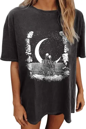 Summer Y2k Tops for Womens, Casual Vintage Short Sleeve T-Shirt, Girls Oversize Loose Round Neck Elastic Tee White