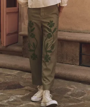 The Great Floral Applique Admiral Pant - Tonal Army
