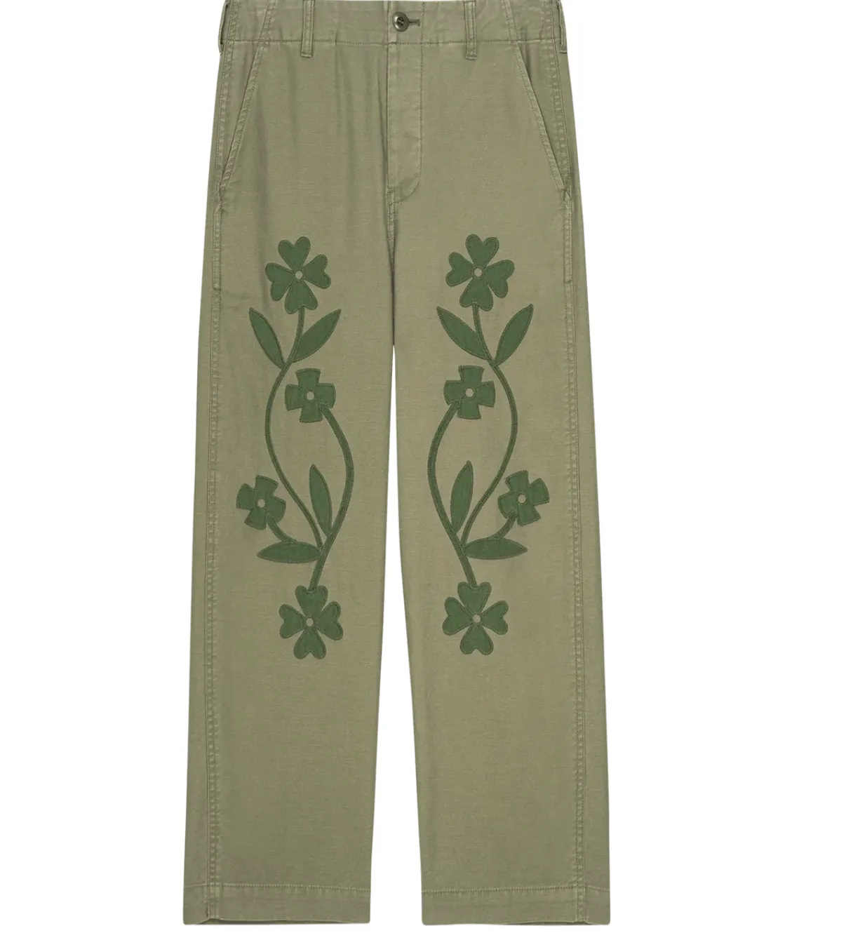 The Great Floral Applique Admiral Pant - Tonal Army