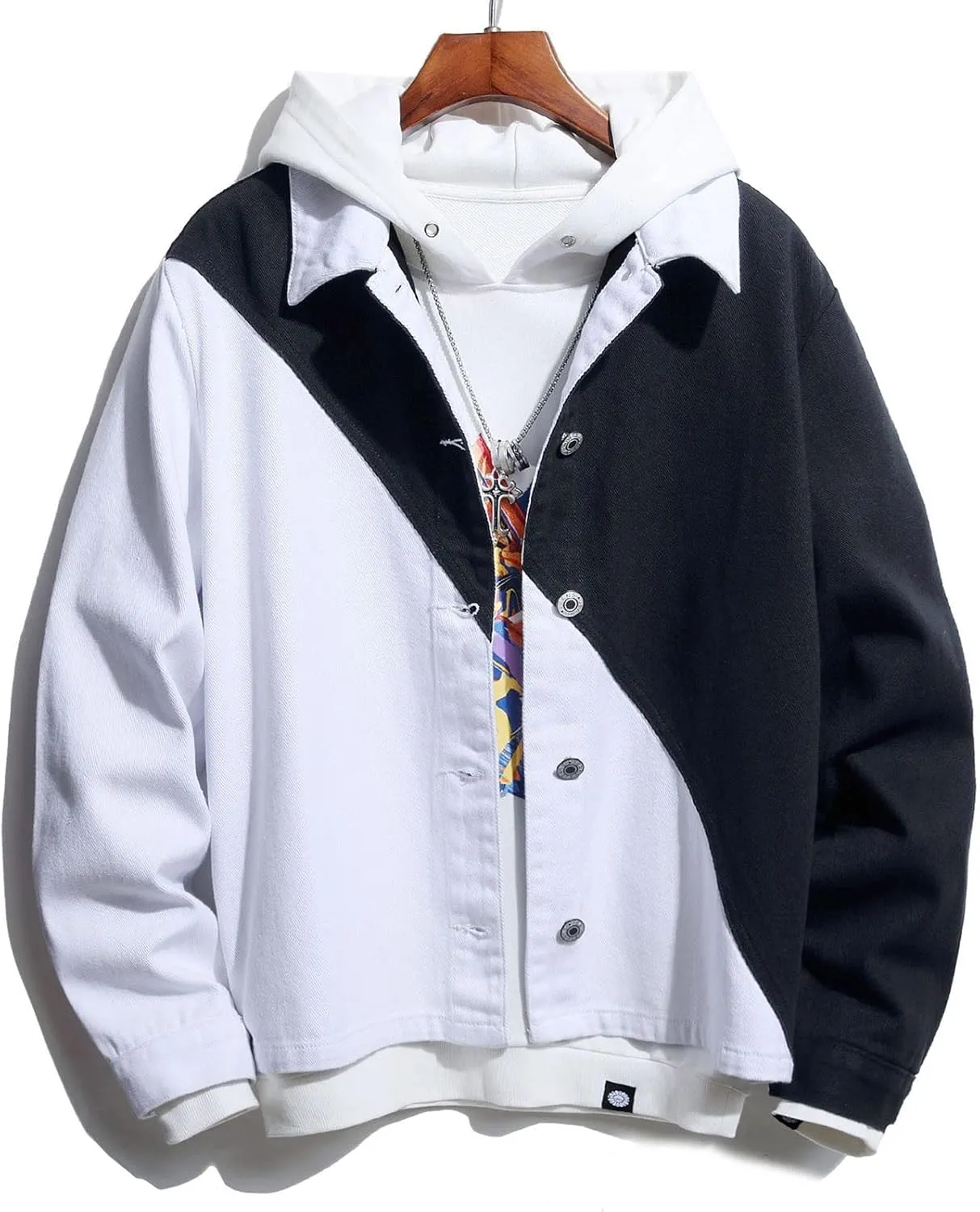 tuduoms Men's Cowboy Denim Hoodie Jacket Color Block Button Down Jean Jacket Fashion Casual Loose Long Sleeve Pullover Coat