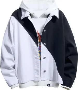tuduoms Men's Cowboy Denim Hoodie Jacket Color Block Button Down Jean Jacket Fashion Casual Loose Long Sleeve Pullover Coat