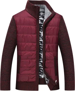 tuduoms Men's Thermal Chunky Knit Sweaters Stand Collar Full Zip Cardigan Jacket Thick Fleece Lined Cotton Padded Overcoats