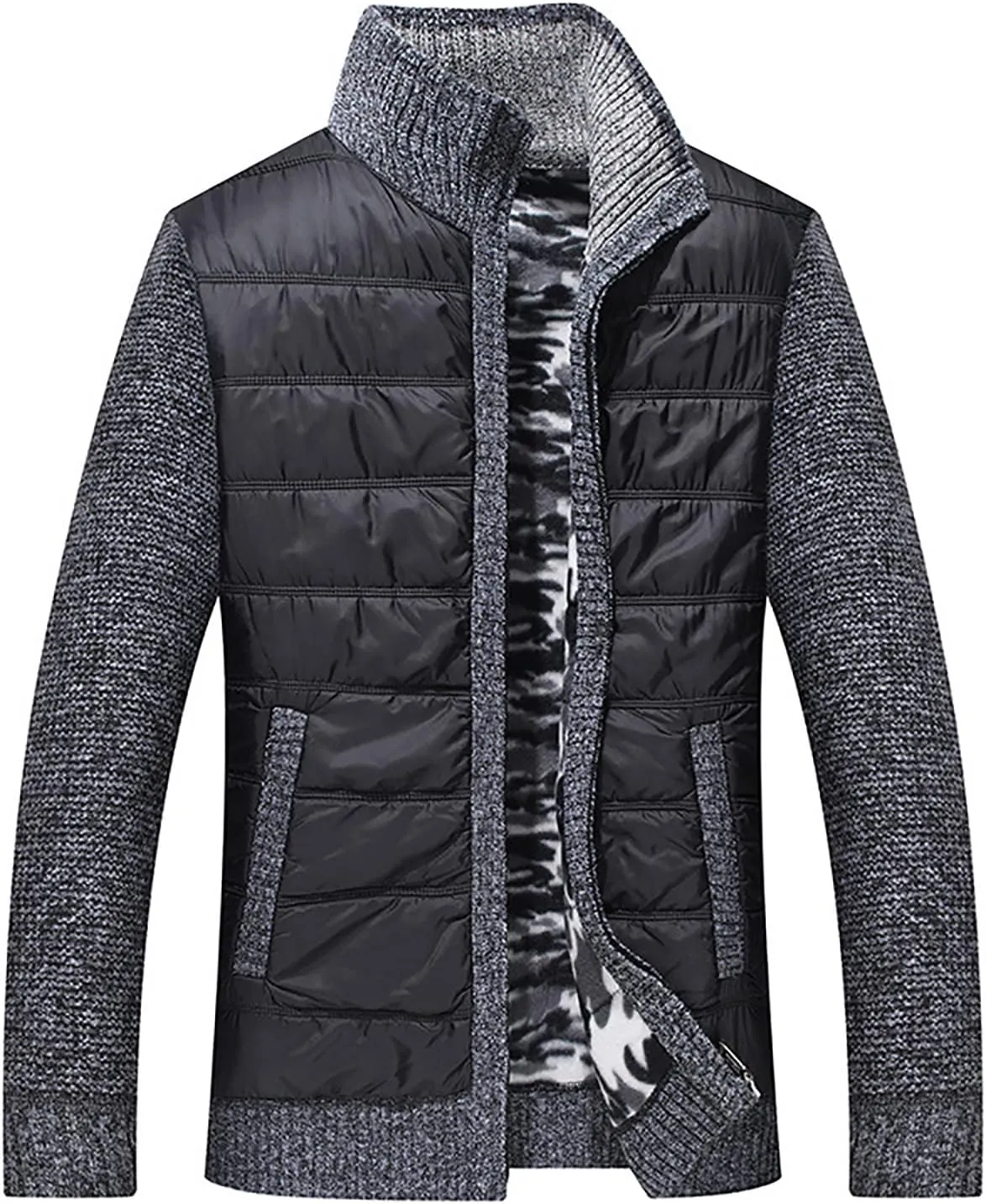 tuduoms Men's Thermal Chunky Knit Sweaters Stand Collar Full Zip Cardigan Jacket Thick Fleece Lined Cotton Padded Overcoats