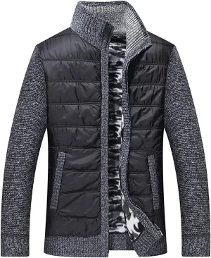 tuduoms Men's Thermal Chunky Knit Sweaters Stand Collar Full Zip Cardigan Jacket Thick Fleece Lined Cotton Padded Overcoats