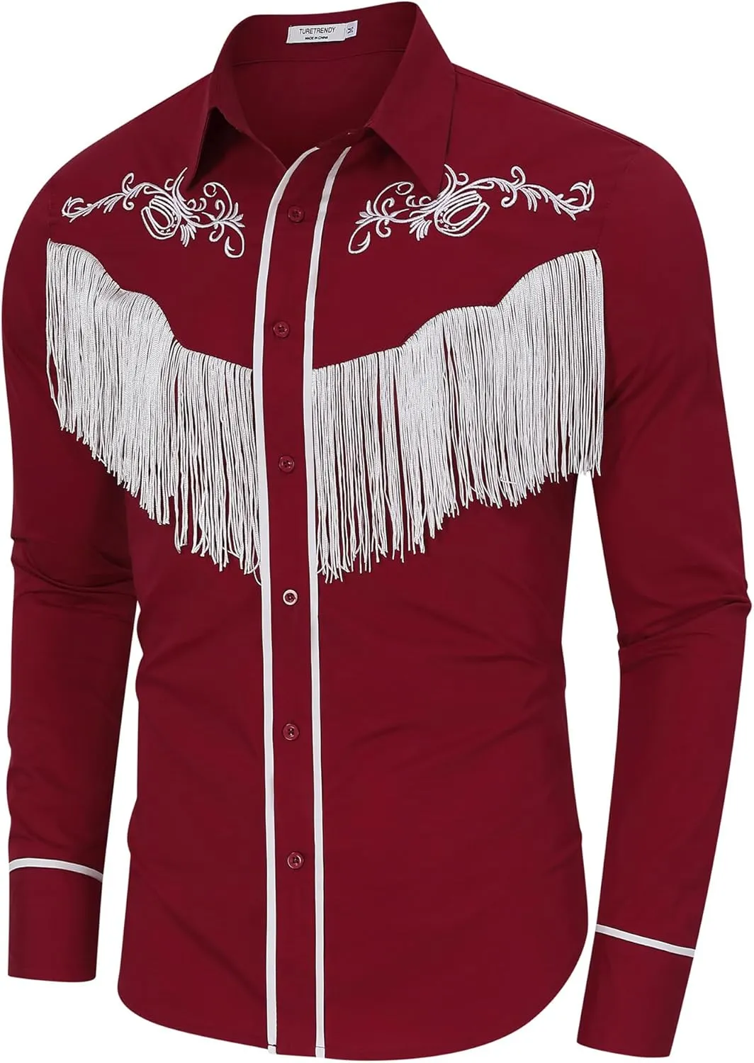 TURETRENDY Men's Western Cowboy Fringe Shirts Long Sleeve Embroidered Slim Fit Casual Button Down Shirts