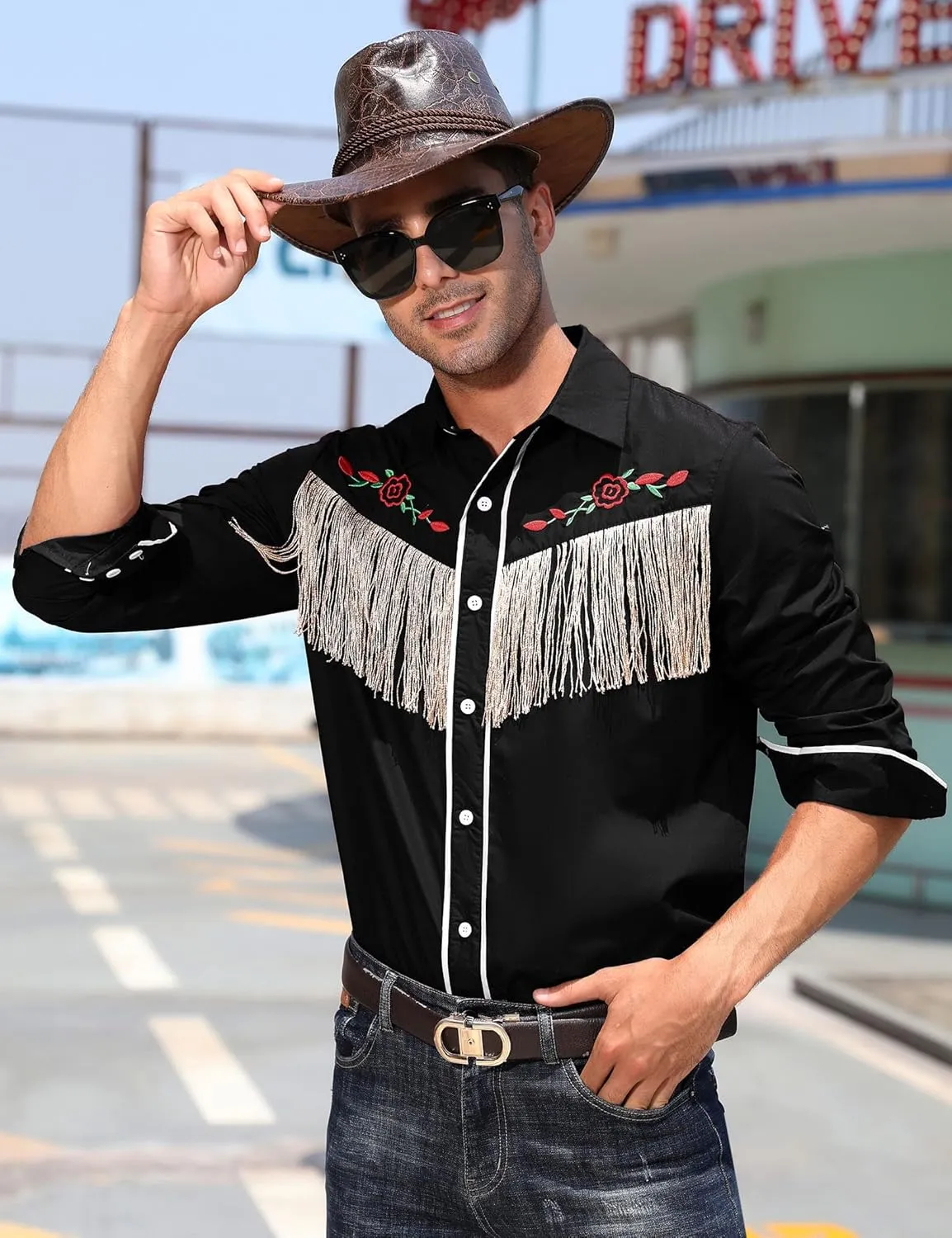 TURETRENDY Men's Western Cowboy Fringe Shirts Long Sleeve Embroidered Slim Fit Casual Button Down Shirts