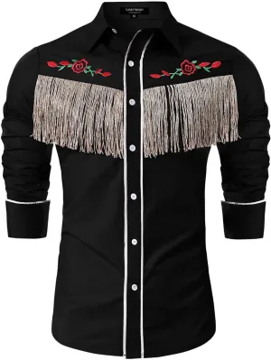 TURETRENDY Men's Western Cowboy Fringe Shirts Long Sleeve Embroidered Slim Fit Casual Button Down Shirts