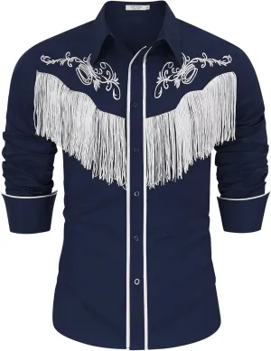 TURETRENDY Men's Western Cowboy Fringe Shirts Long Sleeve Embroidered Slim Fit Casual Button Down Shirts