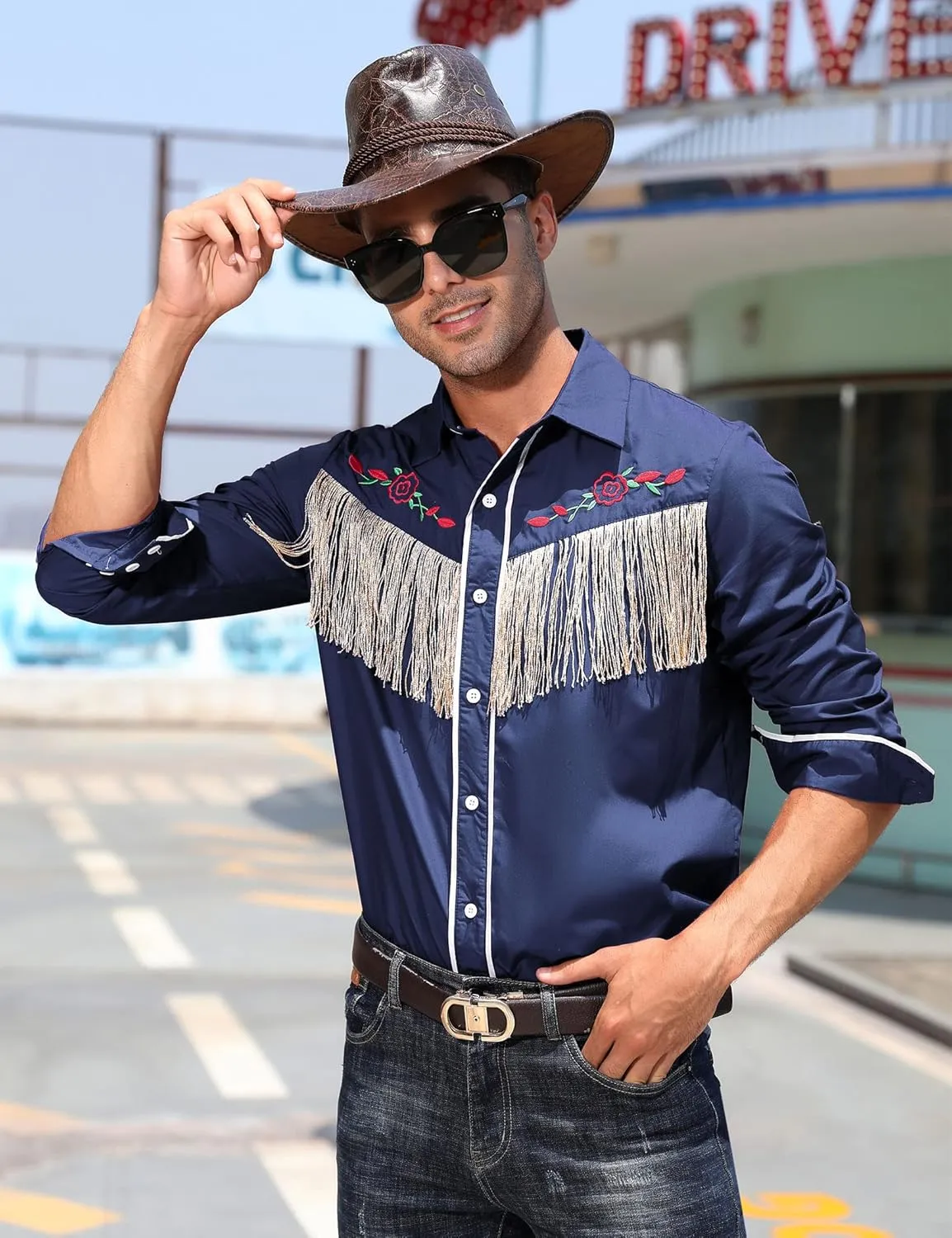 TURETRENDY Men's Western Cowboy Fringe Shirts Long Sleeve Embroidered Slim Fit Casual Button Down Shirts