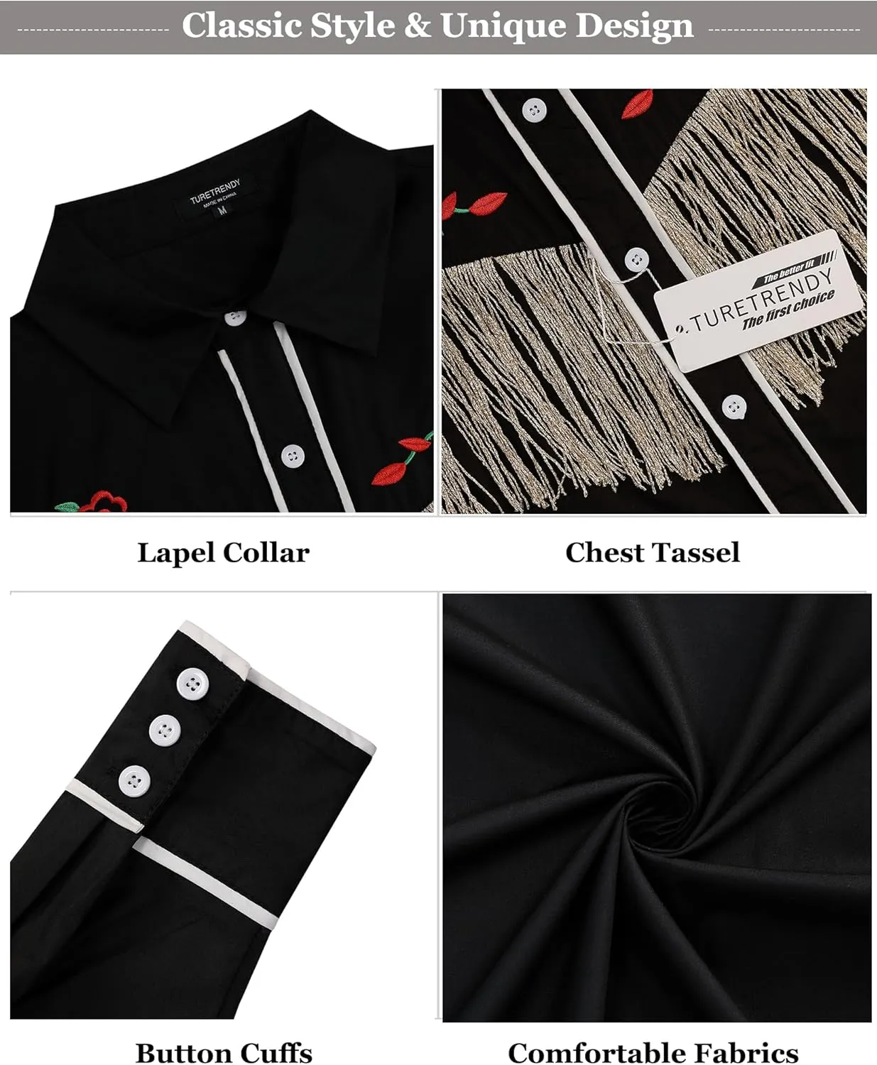 TURETRENDY Men's Western Cowboy Fringe Shirts Long Sleeve Embroidered Slim Fit Casual Button Down Shirts