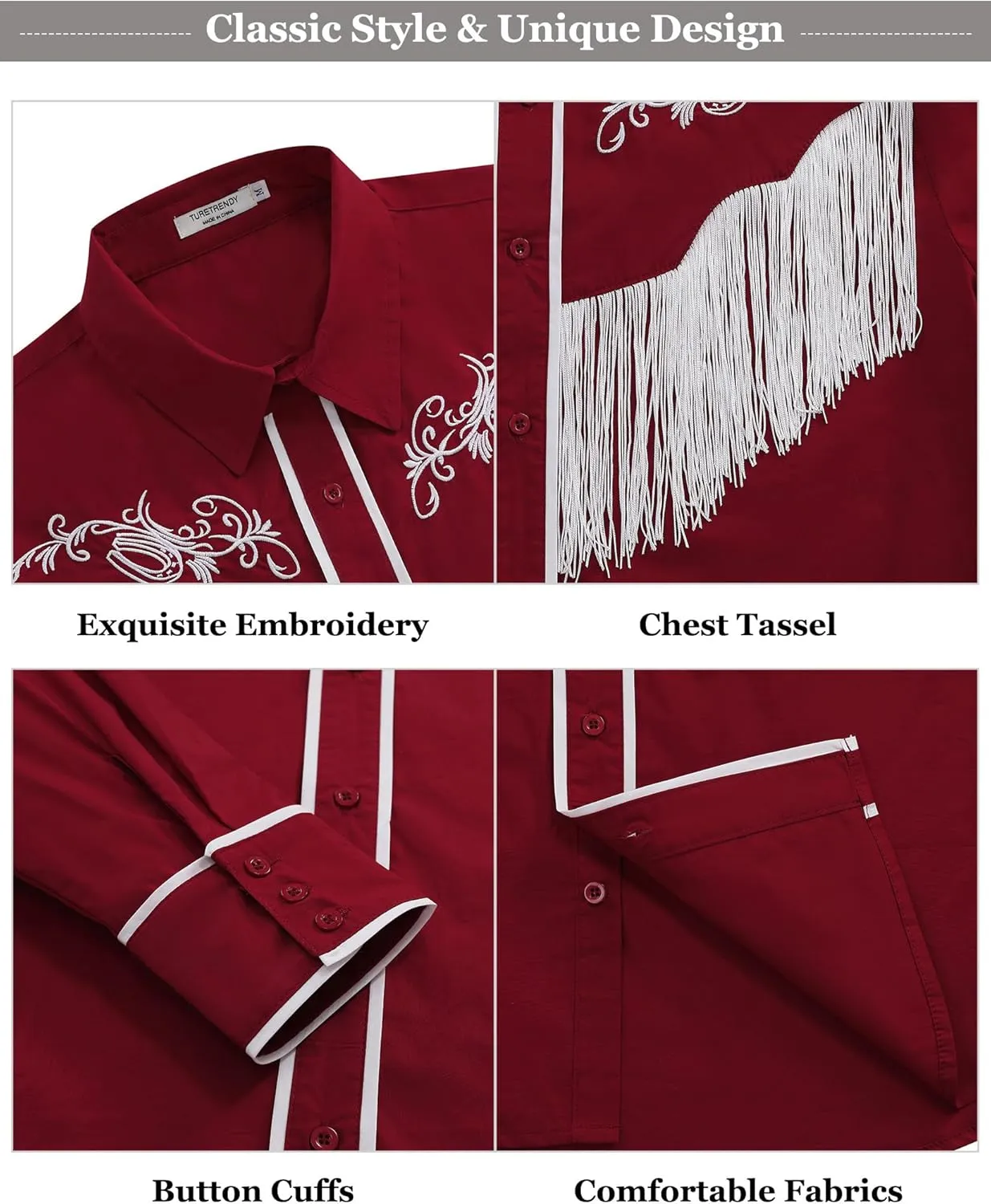 TURETRENDY Men's Western Cowboy Fringe Shirts Long Sleeve Embroidered Slim Fit Casual Button Down Shirts