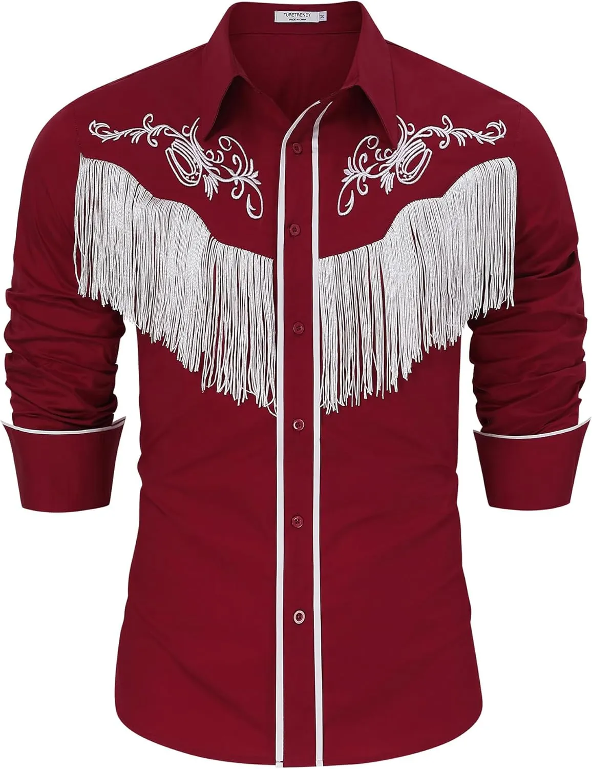 TURETRENDY Men's Western Cowboy Fringe Shirts Long Sleeve Embroidered Slim Fit Casual Button Down Shirts