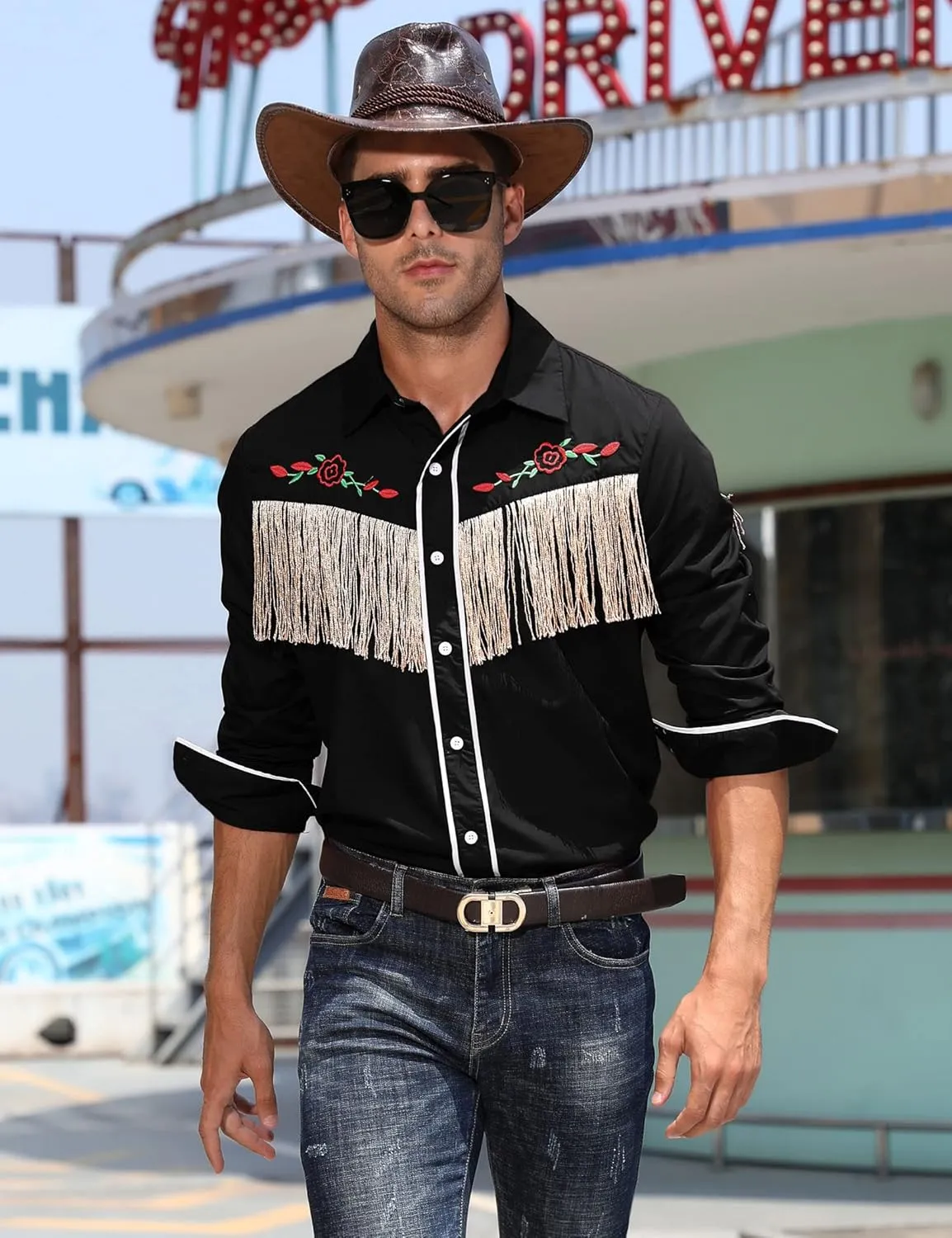 TURETRENDY Men's Western Cowboy Fringe Shirts Long Sleeve Embroidered Slim Fit Casual Button Down Shirts