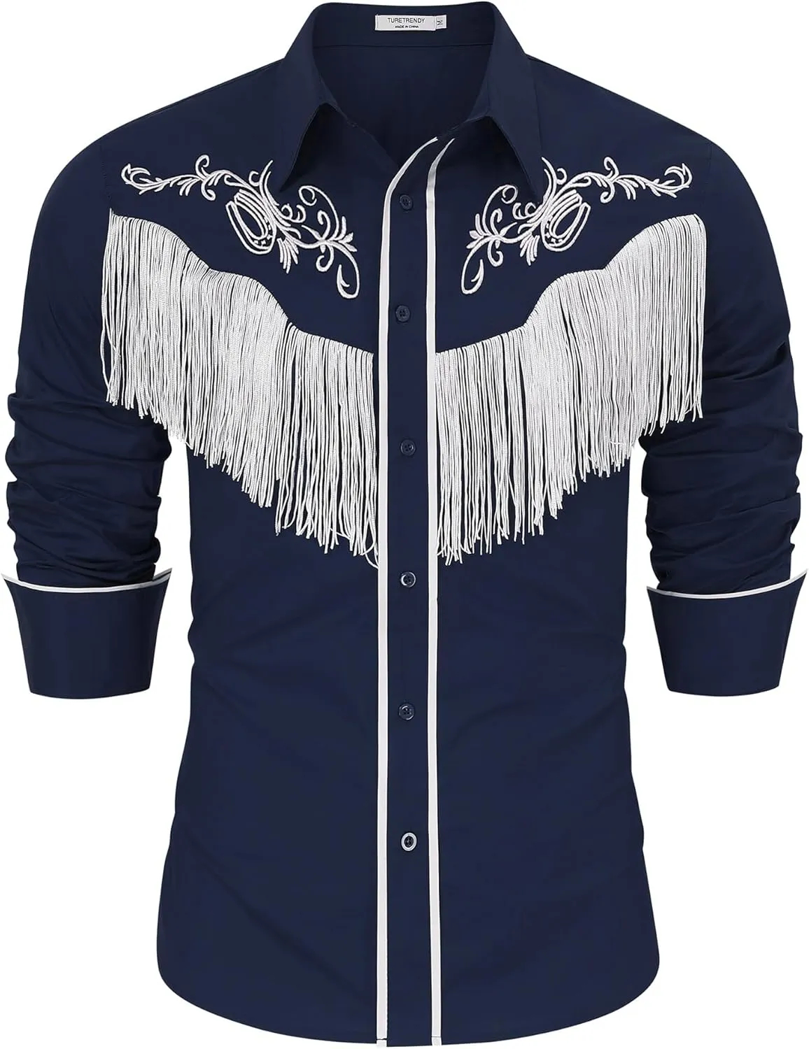 TURETRENDY Men's Western Cowboy Fringe Shirts Long Sleeve Embroidered Slim Fit Casual Button Down Shirts